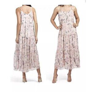 NEW Elena Baldi Italy Silk Blend Tiered Floral Beige Blue Pink Floral Midi Dress